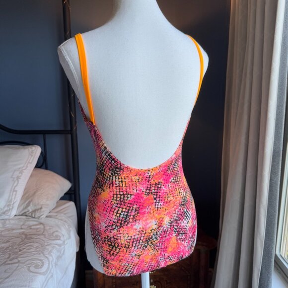 90s Vintage Neon Pink And Orange One Piece Swimsuit and Beach Shorts - Picture 4 of 15